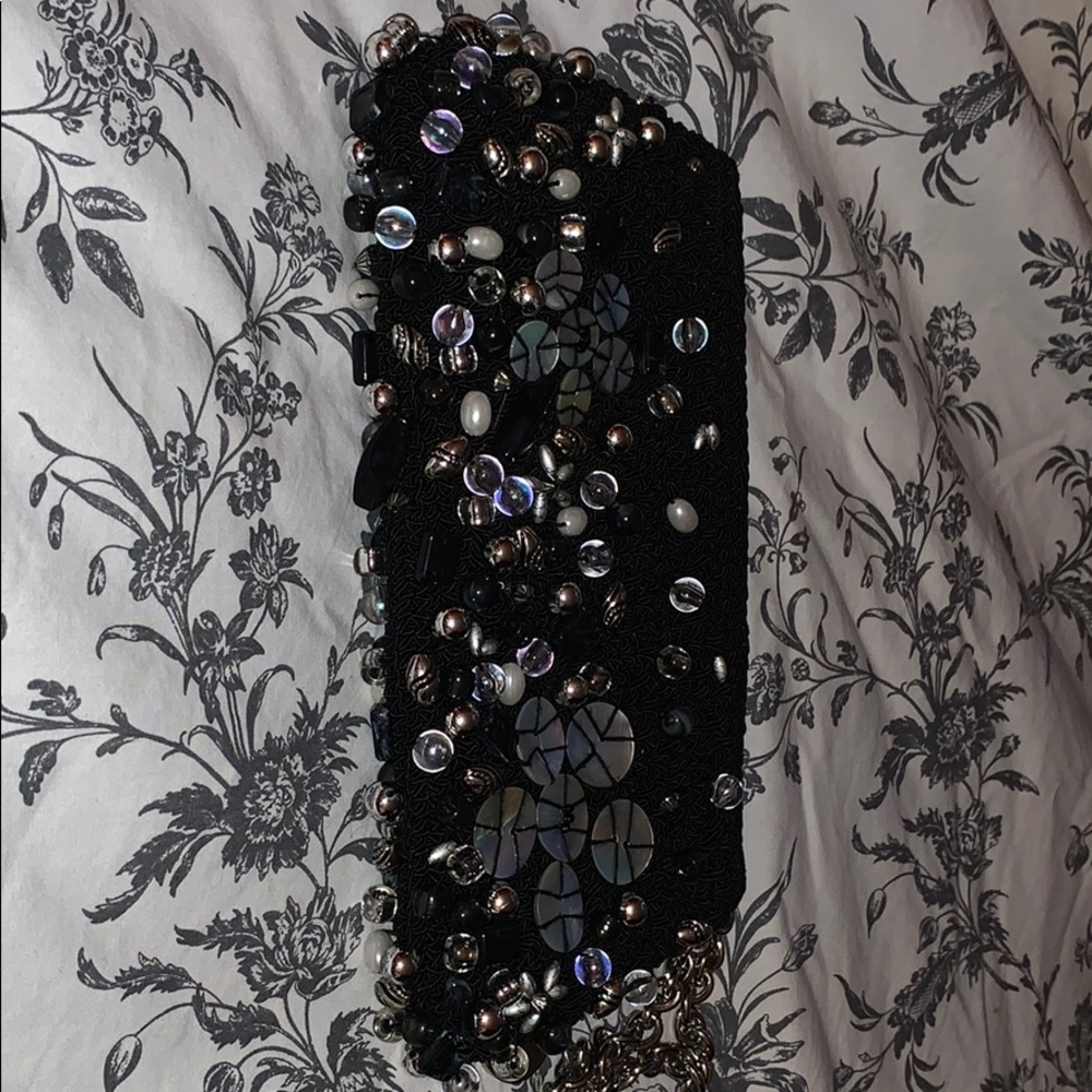 Echo black beaded clutch bag with silver strap